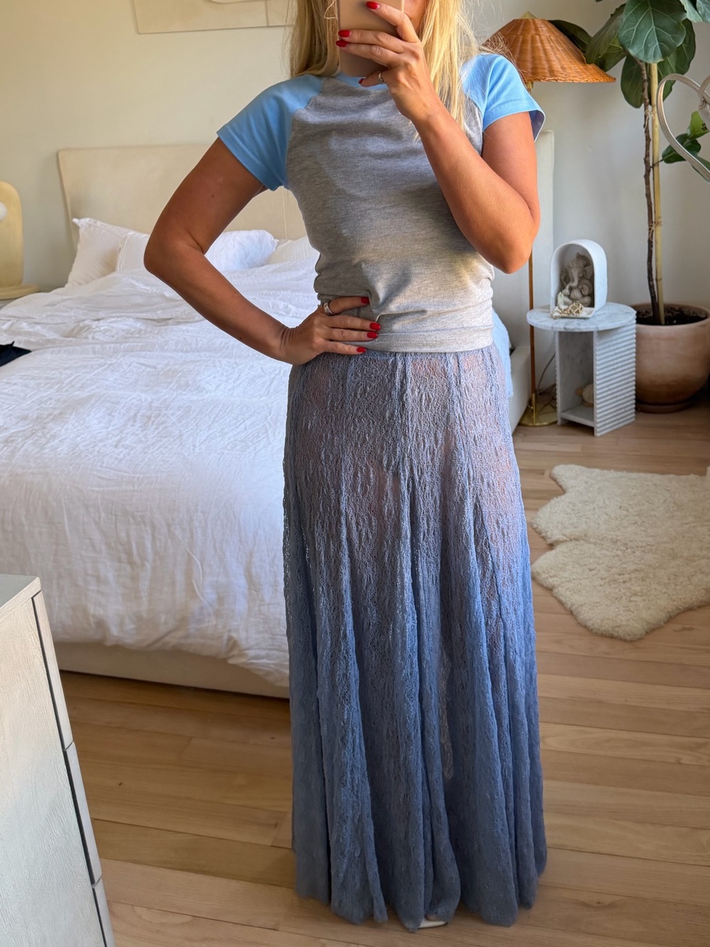 Zara Sheer Lace Maxi Skirt Blue Women's Size S NWT Elastic Waist